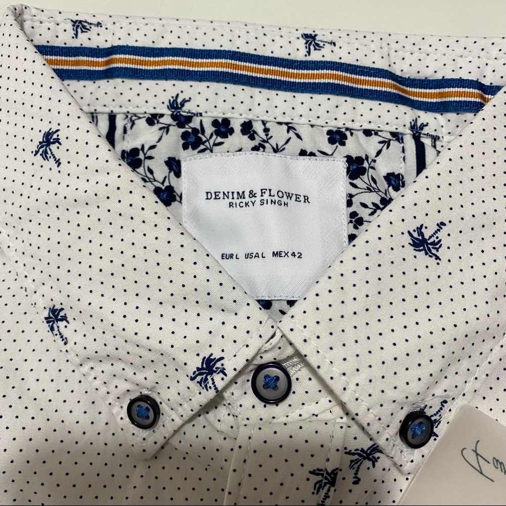 Denim & Flower Ricky Singh White Blue Palm Trees Button Down Szs Med, Lg - Picture 6 of 11